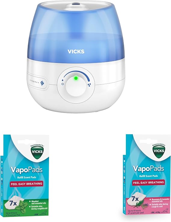 Bundle of Vicks Mini Cool Mist ultrasonic humidifier - VUL525 + VapoPads Rosemary & Lavender VBR7 + Vicks VapoPads Menthol VH7