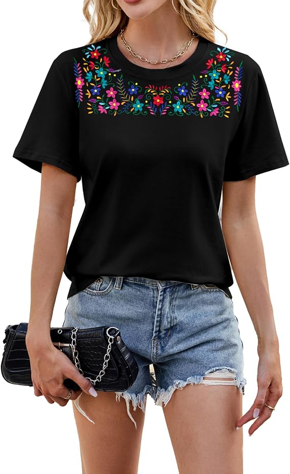 Mexican Embroidered Shirt Women Mexico Shirts Boho Floral Embroidery Top | Women Mexican Embroidered Shirt Mexico T-Shirt Traditional Summer Blouse Boho Floral Embroidery Tunic