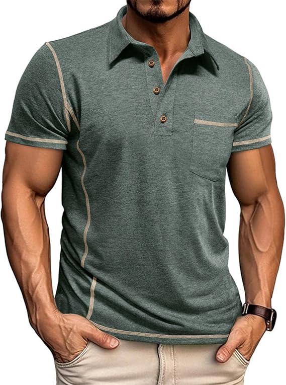 Men's Casual Long Sleeve Polo Shirts Collared Button Cotton T-Shirt Classic Stylish Golf Shirt with Pocket