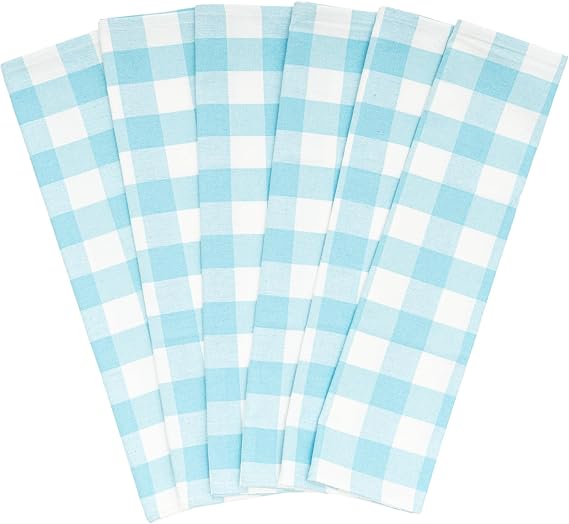Aqua 6 Pack Large Cotton Tea Towels - 30" x 20" with Hanging Loop - Highly Absorbent, Lint-Free, Washable Teal Kitchen Towels - Plaid Pattern