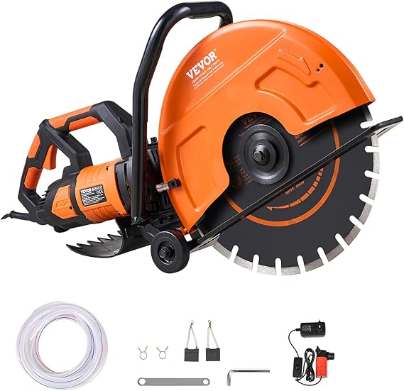 VEVOR Electric Concrete Saw, 16 in, 3200 W Motor Circular Saw Cutter with Max. 6 in Adjustable Cutting Depth, Wet Disk Cutter Includes Water Line, Pump and Blade, for Stone, Brick