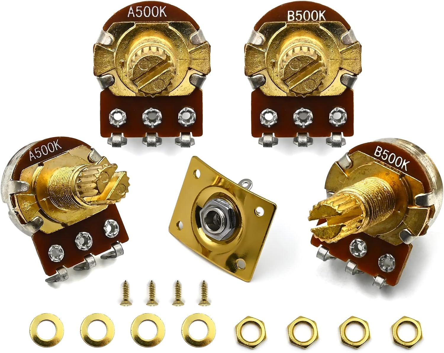 2 Tones 2 Volumes 500K Potentiometer with 1 Output Jack Square Plate Split Shaft 2T2V Pots Replacement for Tele Les Paul LP SG EPI Bass Electric Guitar Parts, Golden