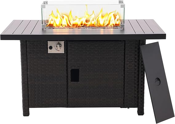 46'' Propane Fire Pit Table, Outdoor Rattan Propane Gas FirePit Table, 55,000 BTU Gas Fire Pit Rectangular Tabletop w/Lid, Lava Rock,Tempered Glass Wind Guard for Outside Garden Backyard Deck Patio