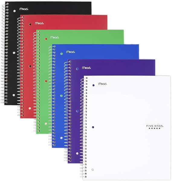 Five Star Spiral Notebooks, 5 Subject, Wide Ruled Paper, 200 Sheets, 10-1/2" x 8", Assorted Colors, 6 Pack (38417)