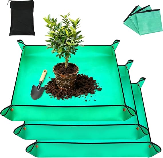 3Packs Repotting Mat, 26.8x26.8 Inch Thickened High Density PE Waterproof Gardening Tray for Plant Transplanting, Portable Foldable Potting Soil Mat with Storage Bag for Indoor Outdoor Plant Care