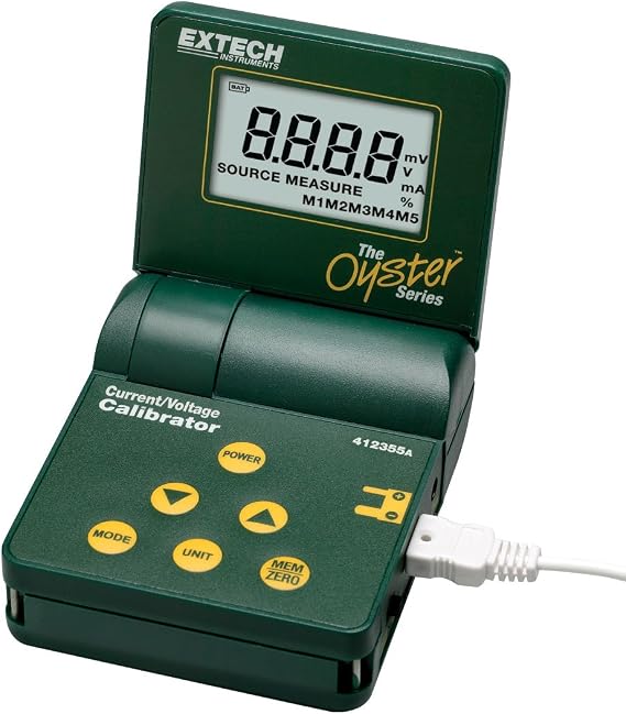 Extech 412355A Current and Voltage Calibrator and Meter, 24mA 10V | Source/measure 0-24mA and 0-10V, calibrate process devices, oyster case, flip-up display, cable