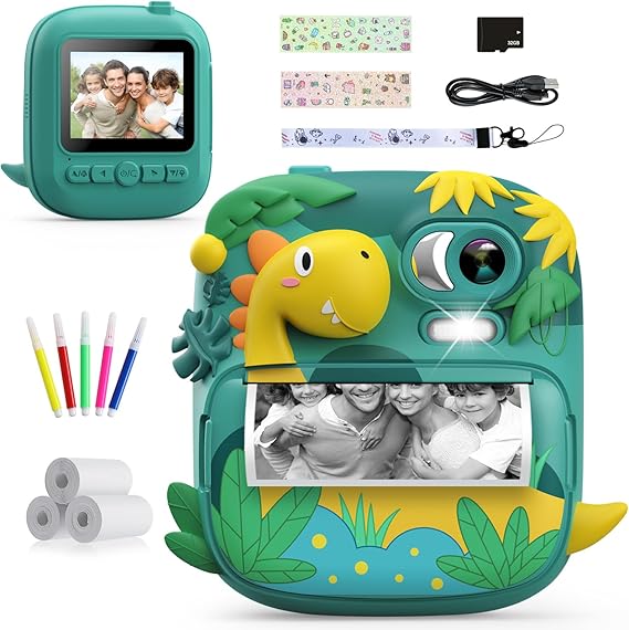 Kids Instant Print Camera, 1080P HD Video & 2.4" Screen Toy Camera | Includes 32GB Card & Print Paper, Inkless Print, 16X Zoom, Christmas Birthday Dinosaur Gifts for Boys Girls Age 3-12