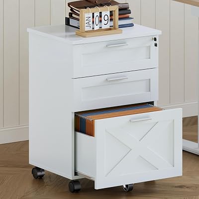 3-Drawer Rolling File Cabinet with Lock - Wooden Mobile Filing Cabinet for Home Office, Under Desk Storage Organizer fits LetterA4Legal Size, Sturdy Printer Stand with Locking Casters, White