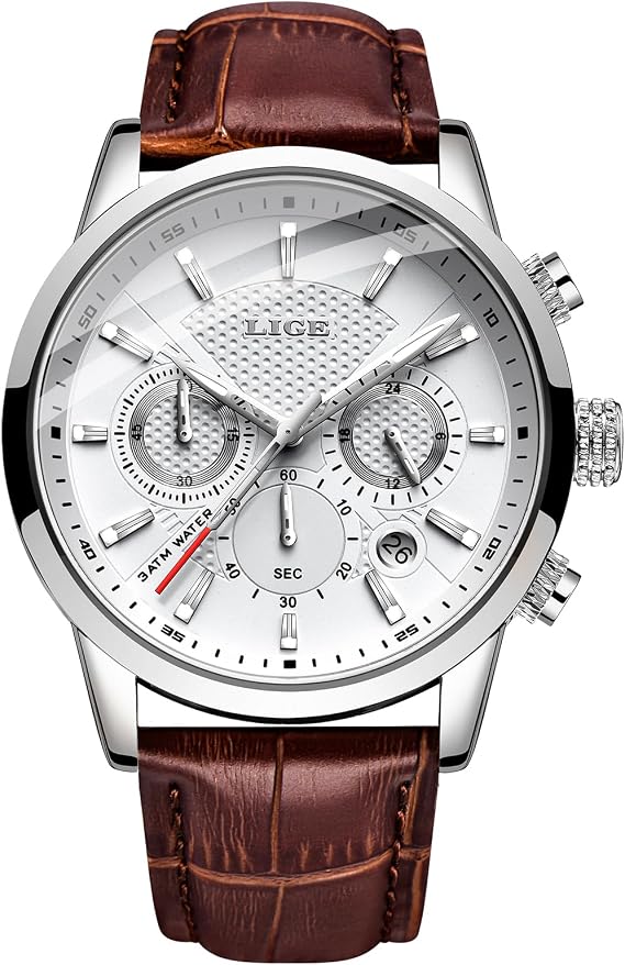LIGE Men's Watch Sports Waterproof Chronograph Analog Quartz Leather Bracelet Classic Men's Fashion Business Date Wristwatch