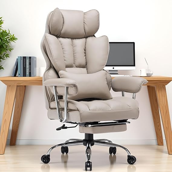 Efomao Big and Tall Office Chair 400lbs PU Leather Executive Office Chair with Lumbar Support & Leg Rest, Heavy-Duty Computer Chair for Home Office, Grey