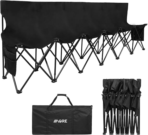 1MORE Soccer Bench - Portable Folding Team Bench, 6 Seats Foldable Sideline Benches, Soccer Chair with Bag & Backrest, Adult Team Chair for Football Camp Sport Events Outdoor Seating.Black