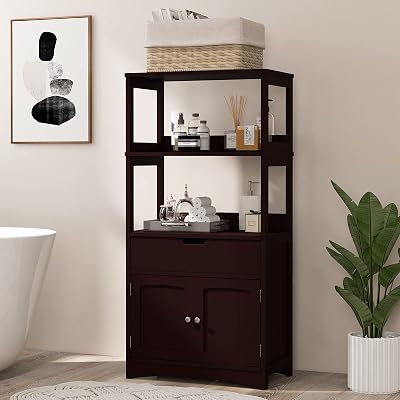 Bathroom Floor Cabinet, Freestanding Storage Cabinet with Open Shelves Drawer Door Cupboard, Kitchen Appliance Cabinet, 48 Bathroom Furniture for Living Room Kitchen Bathroom Brown