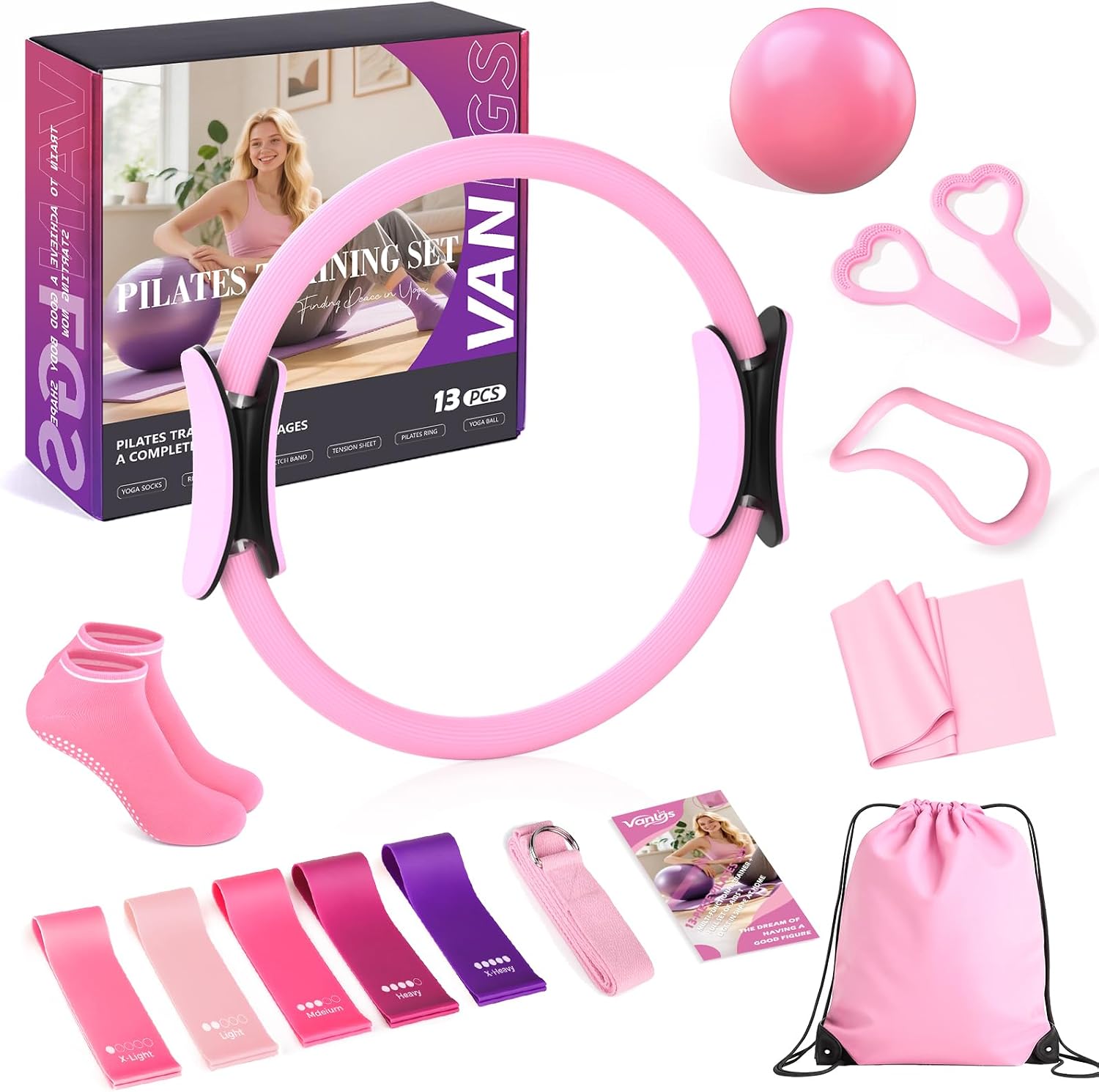 Pilates Kit 13Pcs Home Pilates Essentials Workout Kit with 13" Ring, 10" Ball and Resistance Bands for Women at Home, Pilates Equipment Set for Beginners Pilates Bands & Accessories