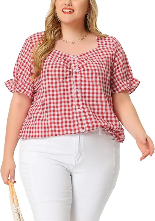 Agnes Orinda Women's Plus Size Gingham Tops 1950s Sweetheart Neck Flounce Sleeve Summer Blouse Top