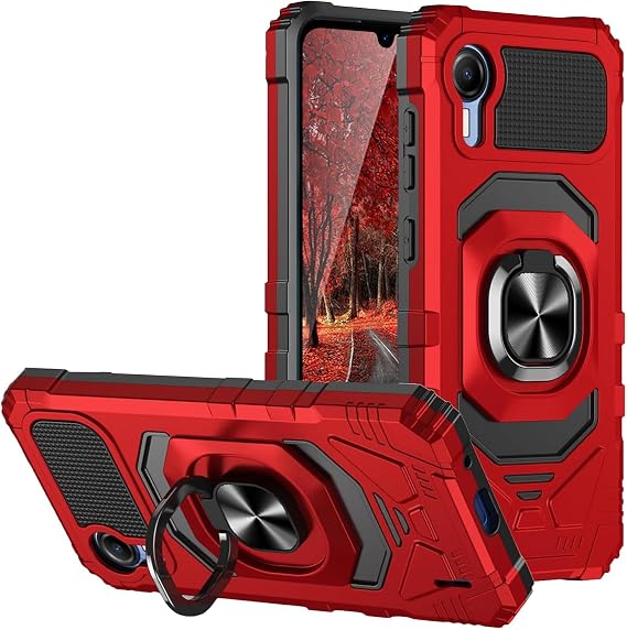 TJS for Cricket Debut S2 Phone Case, AT&T Calypso 4 Phone Case (Red) | Metal Ring Magnetic Support Kickstand Heavy Duty Drop Protector Phone Case Cover