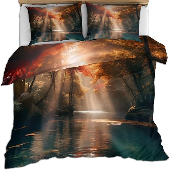 Forest Stream Duvet Cover Queen Sunny Woods Bedding Set Autumn Scenery 3D Printed Room Decoration Quilt Cover Super Soft Bedding 3-Piece Set Suitable for Adults Kids Teenagers