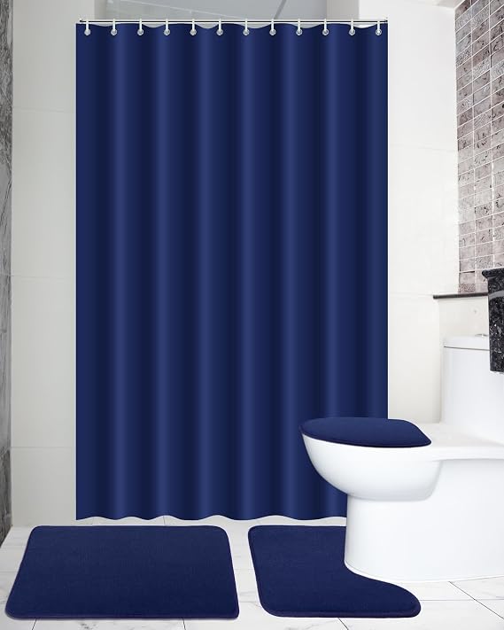 Hosuly 4 Pcs Bathroom Shower Curtain Set with Non Slip Rugs, Toilet Lid Cover and Bath Mat, Waterproof Bathroom Curtains with 12 Hooks Shower Set for Solid Color Bathroom Decor (Blue)