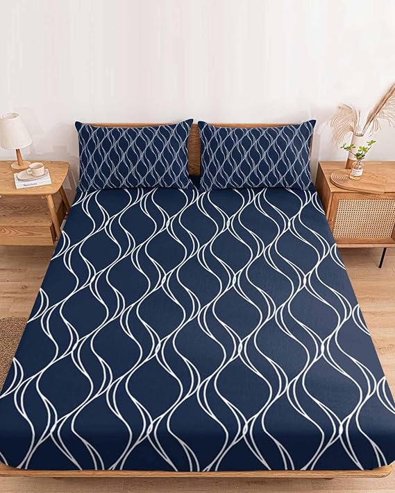 Queen Fitted Sheet Deep Pocket Bed Sheets with Elastic,Abstract Waves on Navy Blue Soft Brushed Microfiber Hotel Luxury Bed Sheet Set,Watercolor Modern Art Mattress Cover with 2 Pillowcases