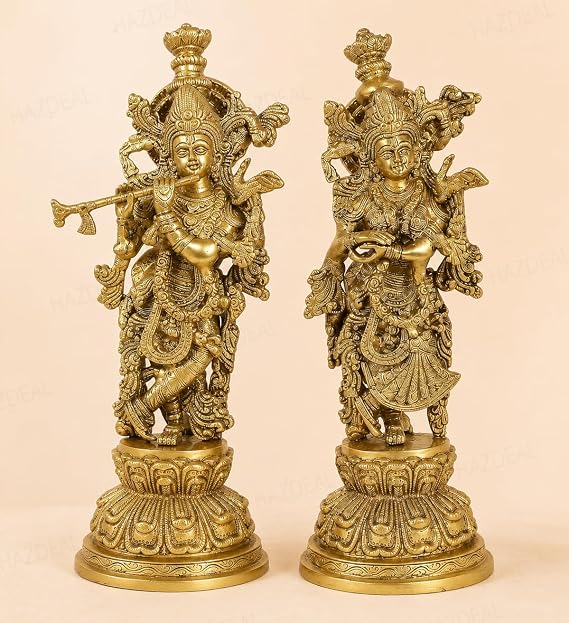 Brass Lord Radha Krishna Idol Playing Flute with Peacock – Handmade Brass Statue for Home Decor, Temple, Pooja Room, Spiritual Gift, Sculpture (Height: 15 Inch, 9.2 Kgs)
