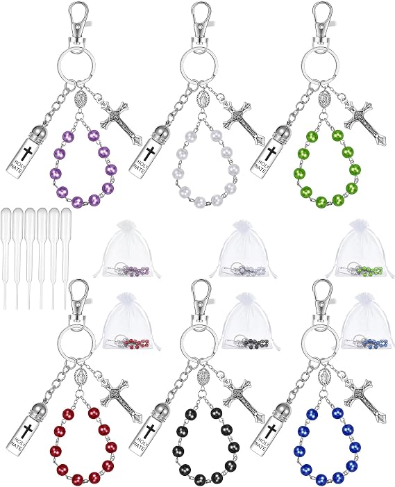 Blushtier 6 Set Holy Water Container Keychain with Rosary Bead, Crucifix, Organza Bags, Eye Dropper, Gift Bulk for Easter Basket Stuffer, Catholic Christian Baptism Party Favor (Multi Color)