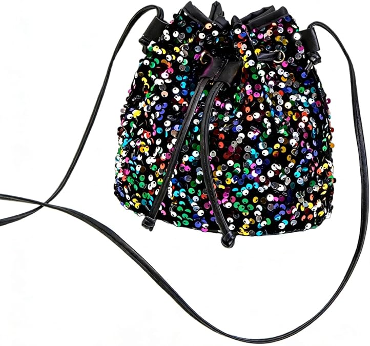 Sequin Drawstring Bucket Bag for Women, Sparkly Glitter Shoulder Handbag with Chain Strap