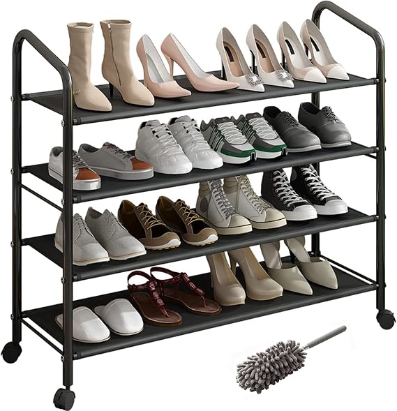 Metal Shoe Rack with Wheels, Non-Woven Fabric Shoe Shelf, Shoe Rack with Wheels, 4 Tiers Black, Suitable for Entryway, Garage