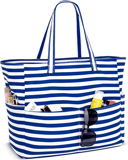 Iioscre Beach Bag for Women, Top-Handle Handbags with Zipper Inner Pocket,Foldable Swim Tote Bag for Vacation Essentials
