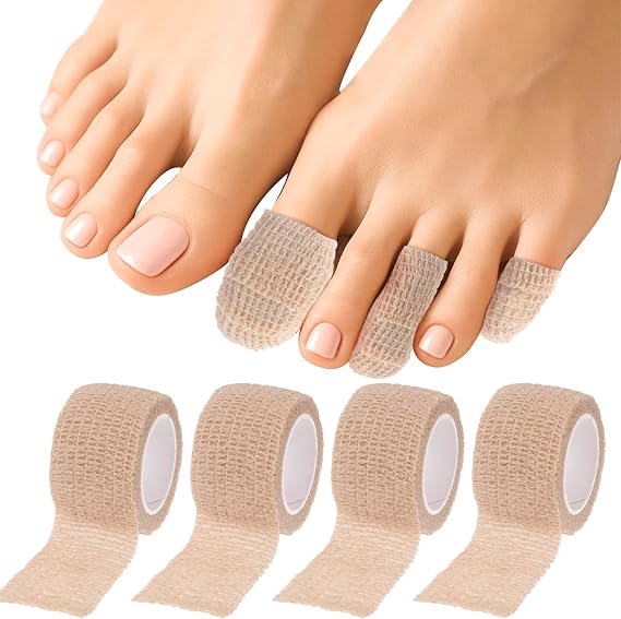 4 Rolls Cohesive Bandage Wrap, Self Adhesive Bandage Wrap 1 Inch | Elastic Big Toe Bandage, Ventilate Finger Toe Tape for Broken Toe, Swelling, Wrist and Ankle Sprains, Finger, 8.72 Yards