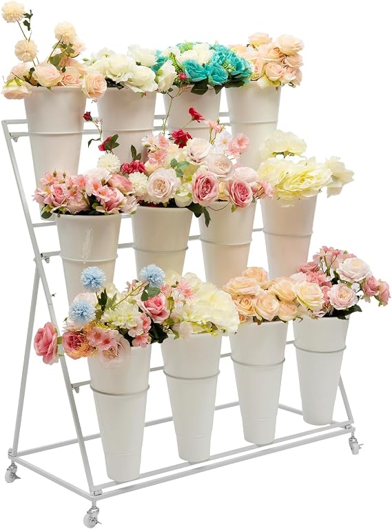 Flower Display Stand With 12PCS Buckets 3 Layers Flower Cart Display Stand With Wheels Heavy Duty Moving Plant Cart Florist Flower Bucket Stand for Indoor Outdoor Patio Garden Living Room Florist