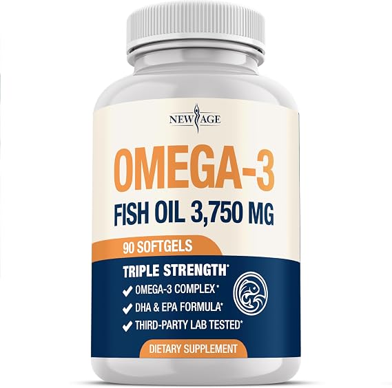 NEW AGE Triple Strength Omega 3 Fish Oil 3750 mg - EPA & DHA - Over 3000mg Omega-3 Fatty Acids - 1350mg EPA + 900mg DHA - Best Essential Fatty Acids, Burpless Fish Oil - 90 Count
