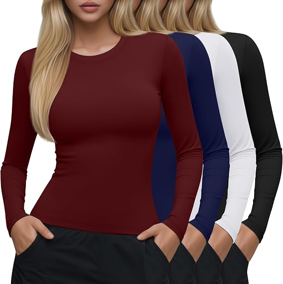 Neer 4 Pcs Womens Long Sleeve Compression Shirts Crew Neck Yoga Workout Shirts Lightweight Stretchy Breathable Tees