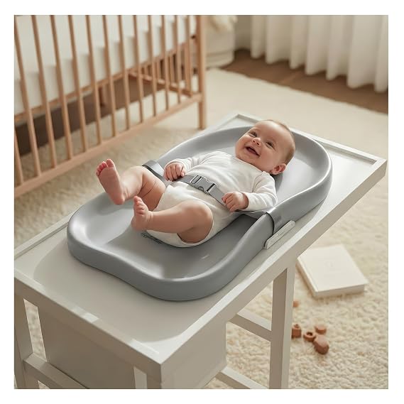 Baby Diaper Changing Pad, Grey | Adjustable Belt, Portable, Waterproof, Peanut-Shaped Design, Non-Slip Base for Table and Dresser