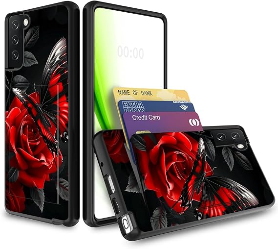 Wallet Case for Samsung Galaxy S21 5G with Card Slot, Holder Credit Card IDs Cash Cover Dual Laye Shockproof Protective Soft Silicone Rugged Case for Galaxy S21 5G 6.2", Red Rose