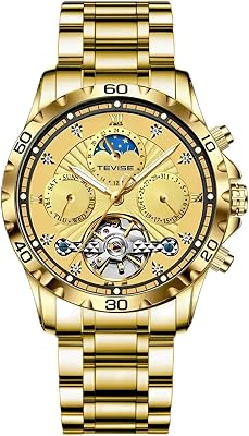 Fashion Business Mens Automatic Mechanical Watches Multifunctional Moon Phase Weekly Calendar Watch Waterproof Tourbillon Stainless Steel Strap Wristwatch Luminous