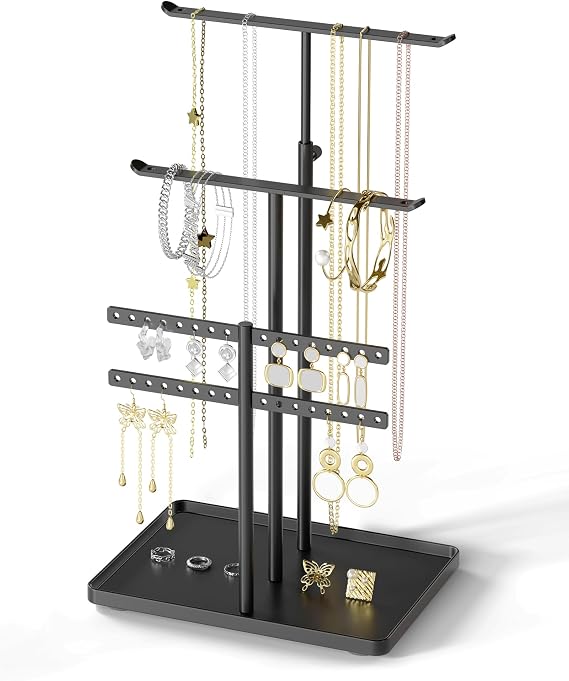 susswiff Jewelry Holder Organizer Stand - Adjustable Jewelry Tree 17.5" Height (Max), Jewlery Hanger for Necklaces, Bracelets, Earrings, Aesthetic for Storage and Display, Metal, Black