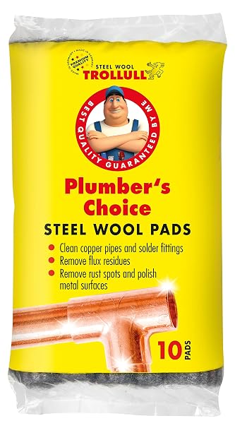 Choice of plumber steel wool, cleaning copper pipes and fittings, brass and aluminum surfaces, removes surface rust, 10 pads