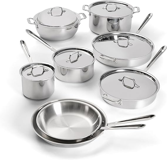 All-Clad D3 Stainless Steel Cookware Set, 14-Piece, Made in the USA The Original Bonded Professional Cookware, Pots and Pans Set, Induction Compatible, Oven Safe up to 600F
