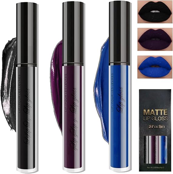 Matte Lip Gloss Set, 3-Piece Collection in Dark Green, Army Green and Cherry Red matte Liquid Lipstick Set, Highly Pigmented Full Coverage Lipstick Ladies' Gift Set (Black, Blue, Purple)