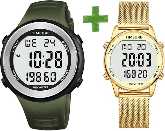 Pedometer Watch for Men and Women No App Connection, with EL Backlight. Simple, Practical Choice for Mobile-Free Fitness Enthusiasts TIMEURE-2308 Green and Gold