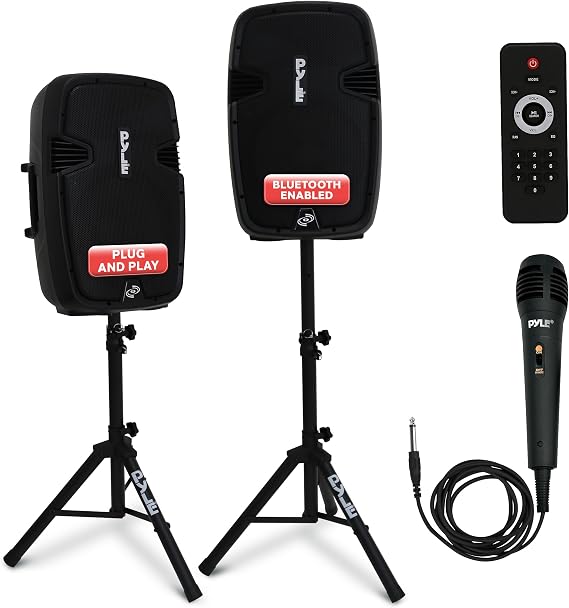 Pyle Portable PA Speaker System 1800W Bluetooth Active/Passive Outdoor | 1800W peak power with Bluetooth streaming, includes mic, remote, mounts & stands