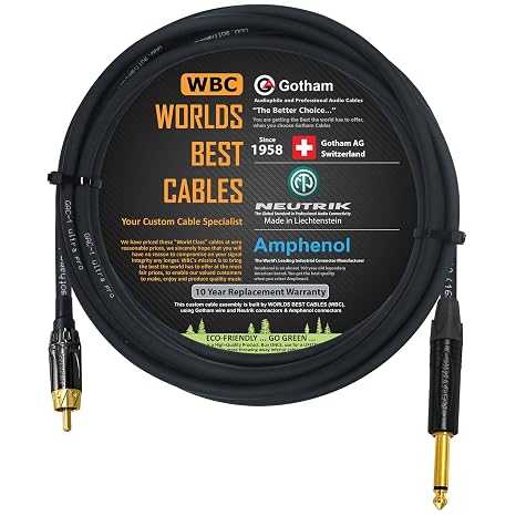 WORLDS BEST CABLES 15 Foot TS to RCA Cable Gotham GAC-1 Ultra Pro Low- Capacitance Instrument Cable & Neutrik NP2X-B & Amphenol ACPL-CBK Gold Plugs - Custom Made