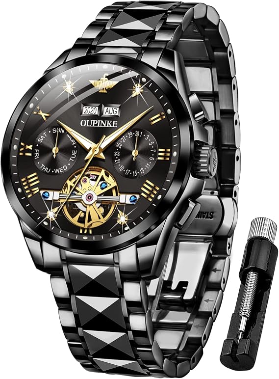 OUPINKE Mens Watches Automatic Skeleton Tourbillon Self Winding Luxury Sapphire Crystal Business Dress Wristwatch