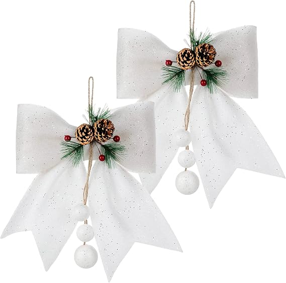 2 Pack White Glitter Bows for Christmas Tree and Wreath Decorations - Large Sequin Ties Ornaments for Xmas Garland
