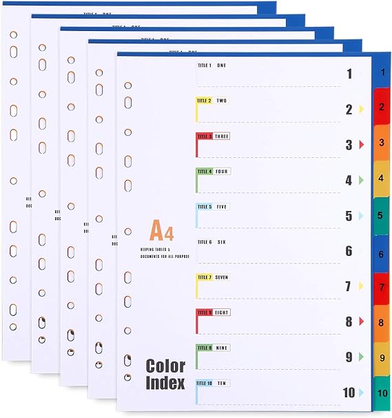 A4 Plastic File Dividers 10 Part Number 1-10 Tabs (5 Pack) Multi-Colour Index Tabs A4 Subject Dividers Reinforced 11-Holes for Office Home