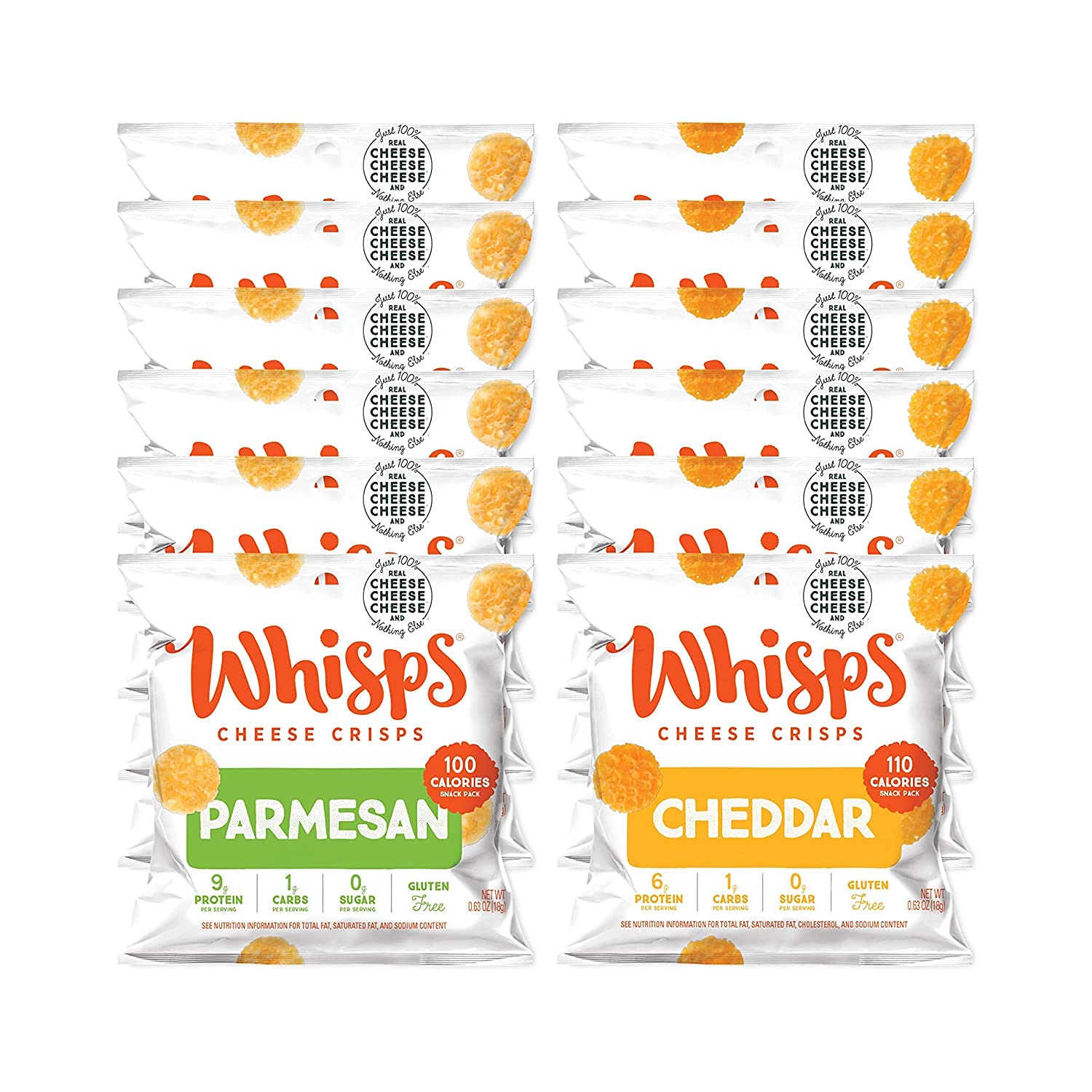 Whisps Cheese Crisps - Parmesan &amp; Cheddar Cheese Snacks, Keto Snacks, 6-9g of Protein Per Bag, Low Carb, Gluten &amp; Sugar Free, Great Tasting Healthy Snack, All Natural Cheese Crisps - Variety, .63 Oz Pack of 12