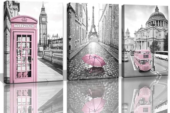 Paris Eiffel Tower Decor for Bedroom Girls - Pink Paris Theme Room Wall Art Canvas - Black and White Eiffel Tower Pictures - London Big Ben Tower Painting Framed