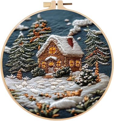 FONNUY Christmas Embroidery Kit for Beginners, Cross Stitch Set Winter Snow House Scene Pine Owl Pattern for Adults, Easy to Follow Color Thread Needlework, 8 Hoop Snow House