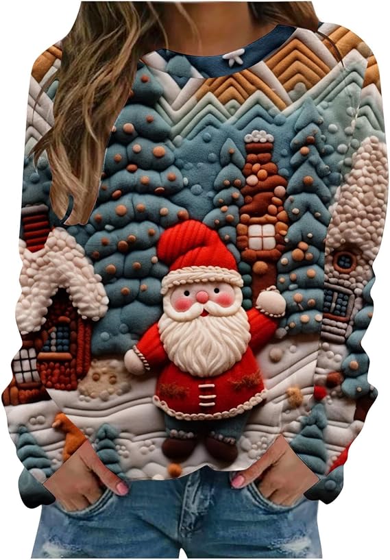 Women Ugly Christmas Sweatshirts 3D Digital Print Novelty Pullover Tops Funny Santa Xmas Tree Graphic Holiday Outfits