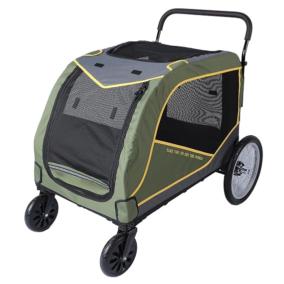 Foldable Dog Stroller 5 Sided Breathable Window Double Door and Foldable Design 80kg Load Capacity Extra Large Dog Carriage with Leather Handles Safety Clasp for Pet Outdoor (Green)