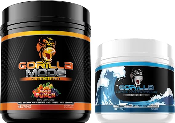 Gorilla Mode Pre Workout (Fruit Punch) + HydroPrime Glycerol Pre Workout - Comprehensive Stack for Hyper-Hydration, Pump, Power, Endurance, and Thermoregulation